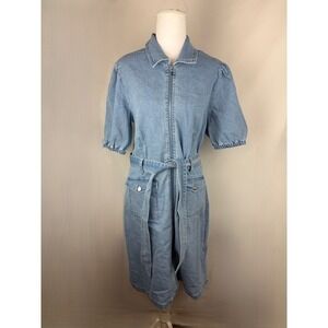 Nanette Lepore Denim Midi Dress Puff Sleeve Belted Zip Front Utility Chic Sz 8